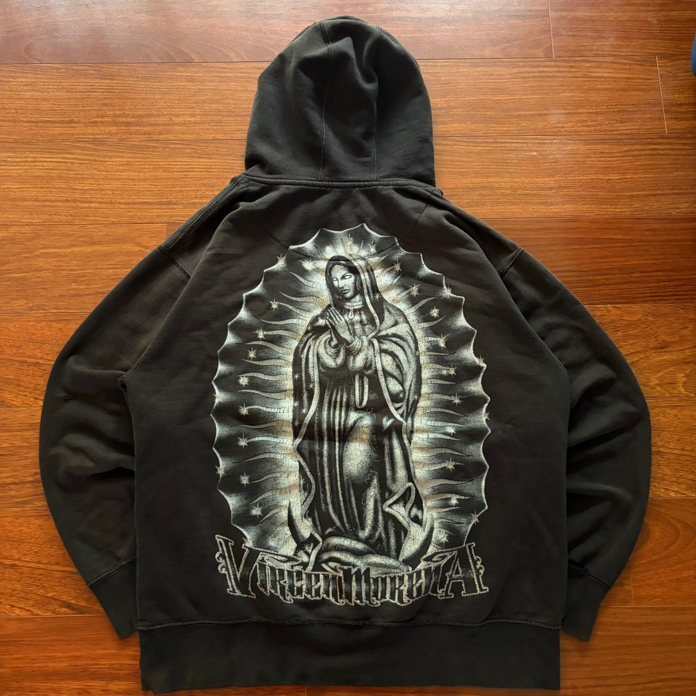 GRAIL Virgin Mary Guadalupe AOP Graphic Hoodie Black Distressed Streetwear Large